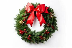 AI generated Christmas Wreath Made of Pine Branches and bauble on white background photo