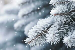 AI generated Snowflakes settling on pine branches under soft winter moonlight photo