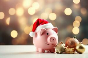 ai generado cerdito banco con Papa Noel sombrero para Navidad gasto presupuesto y dinero administración foto