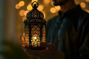 AI generated Muslim man holding arabic lantern, Ramadan kareem background photo