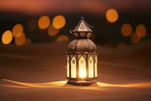 ai generado ornamental Arábica linternas reluciente dorado bokeh luces en Desierto foto