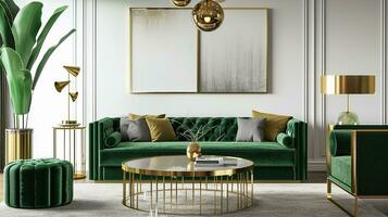 AI generated living room interior design with sofa minimal aesthetic green 3d rendered photo