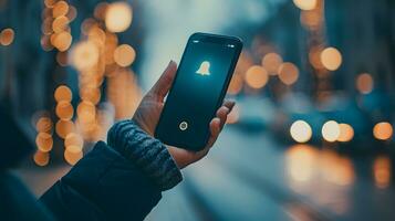 AI generated Hand holding mobile smart phone in the city at night with bokeh lights photo