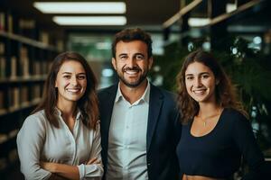 ai generado medio Disparo sonriente negocio equipo en moderno oficina foto