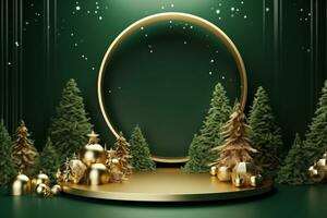 AI generated 3d rendered green Podium display for merry Christmas event photo