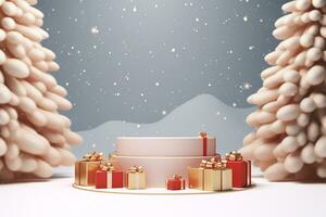 AI generated 3d rendered white and snowy Podium display for merry Christmas event photo