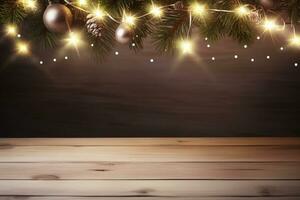 AI generated Empty rustic wooden table in front of christmas light night,abstract circular bokeh background photo
