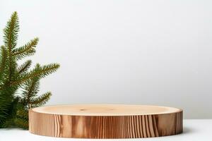 ai generado Navidad elegante y natural podio con árbol etapa monitor Bosquejo con ramas de luz de abeto pino foto