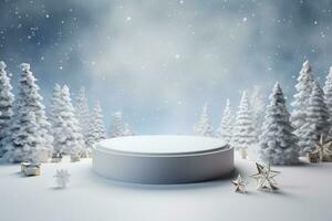 AI generated merry Christmas 3d rendered red Podium display for event photo