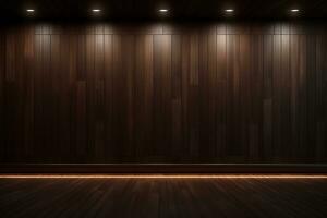 AI generated 3d rendered empty wooden room with lights and copy space photo