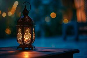 AI generated Ornamental Arabic lantern with burning candle glowing at night invitation for Muslim holy month Ramadan Kareem photo