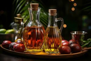 AI generated Palm oil extract with isolated kitchen table professional advertising food photography photo