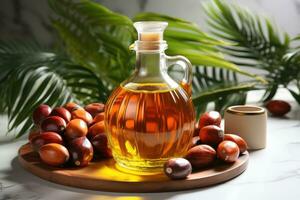 AI generated Palm oil extract with isolated kitchen table professional advertising food photography photo