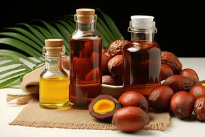 AI generated Palm oil extract with isolated kitchen table professional advertising food photography photo