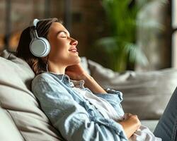 AI generated Happy woman in headphone and listening to music, podcast, audiobook. photo