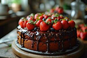 AI generated photo of strawberry chocolate cake isolated kitchen table professional advertising food photography