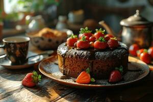 AI generated photo of strawberry chocolate cake isolated kitchen table professional advertising food photography