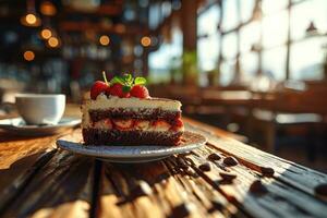 AI generated photo of strawberry chocolate cake isolated kitchen table professional advertising food photography