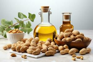 AI generated stock photo of peanut oil extract in the kitchen table professional advertising food photography