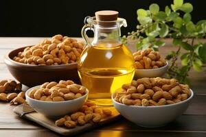 AI generated stock photo of peanut oil extract in the kitchen table professional advertising food photography