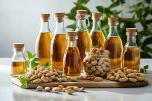 AI generated stock photo of peanut oil extract in the kitchen table professional advertising food photography