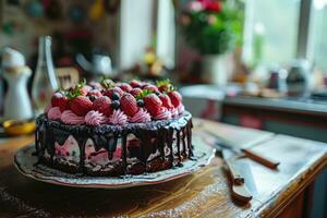 AI generated photo of strawberry chocolate cake isolated kitchen table professional advertising food photography