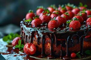 AI generated photo of strawberry chocolate cake isolated kitchen table professional advertising food photography