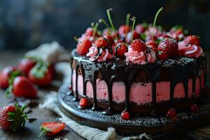 AI generated photo of strawberry chocolate cake isolated kitchen table professional advertising food photography