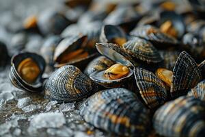 AI generated fresh raw meat baby clams in the kitchen table professional advertising food photography photo