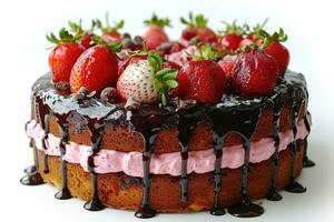 AI generated photo of strawberry chocolate cake isolated kitchen table professional advertising food photography