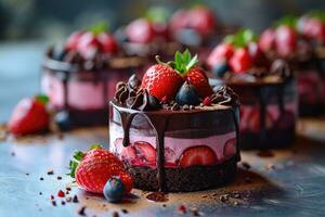 AI generated photo of strawberry chocolate cake isolated kitchen table professional advertising food photography