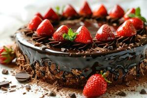 AI generated photo of strawberry chocolate cake isolated kitchen table professional advertising food photography