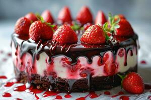 AI generated photo of strawberry chocolate cake isolated kitchen table professional advertising food photography