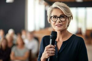 AI generated Female speaker giving a talk on corporate business conference. Unrecognizable people in audience at conference hall. Business and Entrepreneurship event photo