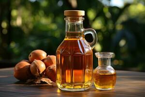 AI generated Palm oil extract with isolated kitchen table professional advertising food photography photo