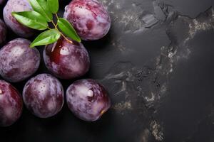 AI generated plum fruit in the kitchen table professional advertising food photography photo