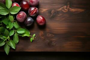 AI generated plum fruit in the kitchen table professional advertising food photography photo