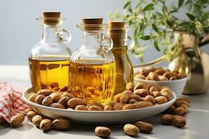 AI generated stock photo of peanut oil extract in the kitchen table professional advertising food photography