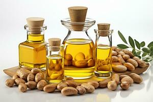 AI generated stock photo of peanut oil extract in the kitchen table professional advertising food photography