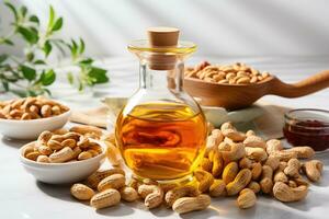 AI generated stock photo of peanut oil extract in the kitchen table professional advertising food photography