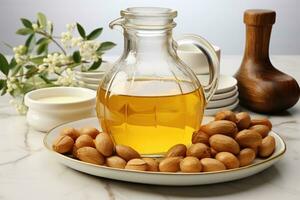 AI generated stock photo of peanut oil extract in the kitchen table professional advertising food photography