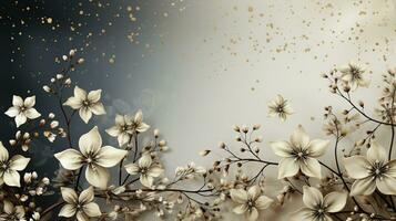 AI generated minimalistic winter background in beige shades with thin branches and flowers photo