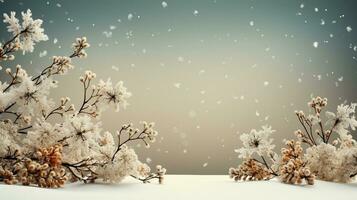 AI generated minimalistic winter background in beige shades with thin branches and flowers photo