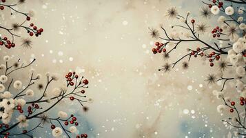 AI generated minimalistic winter background in beige shades with thin branches and flowers photo