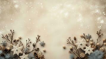 AI generated minimalistic winter background in beige shades with thin branches and flowers photo