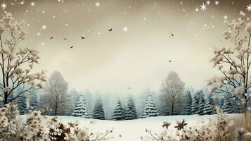 AI generated minimalistic winter background in beige shades with thin branches and flowers photo