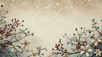 AI generated minimalistic winter background in beige shades with thin branches and flowers photo