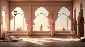 AI generated podium background in Ramadan holiday minimalism style . oriental arabic design with shades of pastel colors. photo