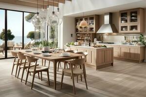 AI generated modern style natural wood kitchen professional advertising photography photo