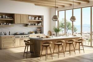 AI generated modern style natural wood kitchen professional advertising photography photo